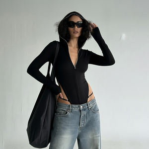 Cut-Out Bodysuit Women Hooded Zip Fitted Top Asymmetric Hot Girl Edgy Cool Long Sleeve Shirt - Product Image 3