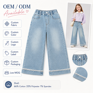Jeans a Gamba Larga MZJ per Ragazze con Orlo in Pizzo, Morbidi e Lavati, Vita Alta Elastica, Pantaloni in Denim Casual per Uso Quotidiano - Product Image 3