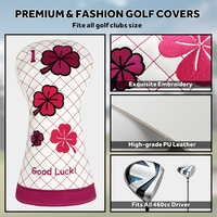Housse de protection pour tête de club de golf PMT en cuir PU imperméable, avec fermeture magnétique, motif trèfle rose matelassé en diamant et broderie 3D, motif porte-bonheur