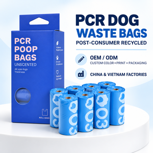 Rouleaux de sacs à déjections canines recyclés post-consommation OEM ODM, sacs de recharge personnalisés pour déchets d'animaux, emballage de détail sous marque privée, usine - Product Image 1