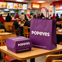 Emballage personnalisé pour la restauration rapide, boîte à hamburger en papier violet, conteneur pour ailes de poulet et ensemble de sacs à emporter