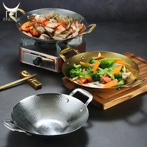 Frigideira De Aço Inoxidável Fundo Redondo Wok Pan Hammered Caldo Frutos Do Mar Pote Cozinha Ferramenta De Culinária Shabu Shabu Pot