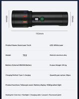 Lampe torche zoomable en alliage d'aluminium haute luminosité 1000+ lumens, étanche IP55, laser blanc, rechargeable USB-C, SOS/lumière rouge