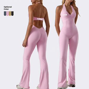 Solid Color V-neck <strong>Lace</strong> <strong>Trim</strong> Halter Yoga Workout Jumpsuit <strong>Leggings</strong> - Product Image 1