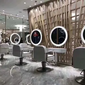 美容院家具美发圆形双面镜站带led灯适用于各种美容院
