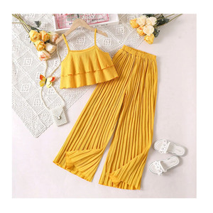 Trending Products New Arrivals Multi-Layer Cami <b>Top</b> and Pleated Wide Leg Pants Set Solid Color Girls Outfits Summer - Product Image 1