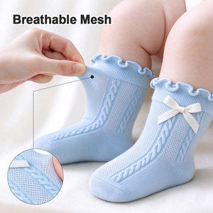 Calcetines hasta la pantorrilla con volantes y lazo para bebés, calcetines de algodón para bebés, calcetines de princesa transpirables, suaves, antibacterianos y antiácaros, sin costuras en los dedos - Product Image 6