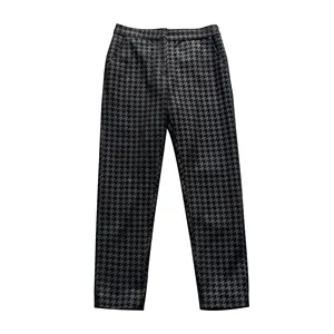 Commute Houndstooth Printed Sheepskin ladies ' trousers genuine leather Slimming Pencil Pants