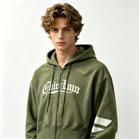 Dirty Spray Streetwear Sweat à capuche zippé pour homme, effet délavé soleil, manches à rayures, imprimé texte gothique, coupe courte, en coton, Fabricant