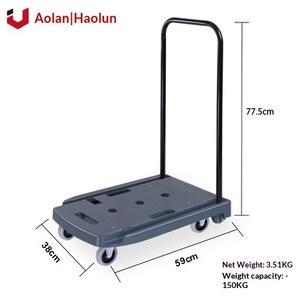 Black Plastic Platform <b>Hand</b> <b>Cart</b> With Steel Handle Four-Wheel Durable Folding Design For Household Cargo Transport - Product Image 6