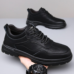 Zapatos Casuales de Cuero Negro para Hombre, Transpirables, Antideslizantes, Estilo Deportivo, con Costuras y Borlas, Cierre con Cordones de Color Sólido - Product Image 1
