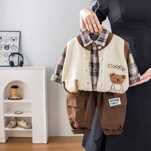 Bộ trang phục ba món thu/xuân bằng <span class=keywords><strong>cotton</strong></span> cho bé trai: Áo len cardigan, áo gile và quần thời trang - Product Image 1