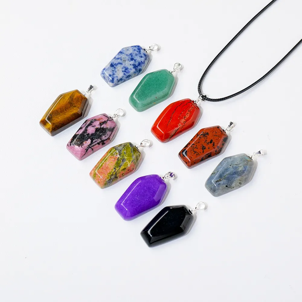 Wholesale natural multi materials coffin shape crystal pendant healing gemstone necklace