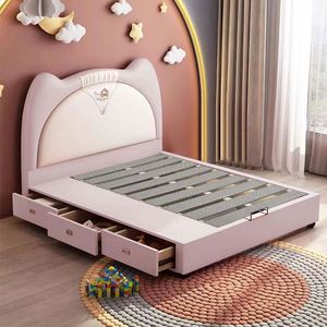 Cama Infantil Color Crema con Cabecero de Orejas de Gato y Cajones de Almacenamiento, Cama Individual Moderna de Lujo para Niñas, Estilo Princesa, para Espacios Pequeños - Product Image 2