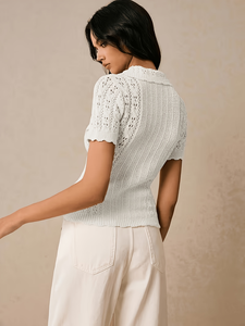 Pulls en maille ajouré<span class=keywords><strong>e</strong></span> pour femmes, collection été 2026, manches courtes, respirant, boutonné, élégant, ajouré, blanc ivoire, décontracté pour le quotidien - Product Image 3