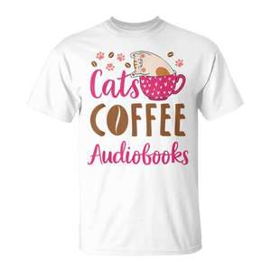 Camiseta para amantes de los gatos, audiolibros de café y gatos, regalo para mascotas, para mujeres y hombres - Product Image 1