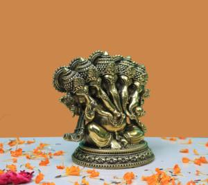 Statue de Ganesh Panchmukhi en laiton artisanal de qualité supérieure avec figurine de rat, fabriquée au Rajasthan, faite à la main - Product Image 3