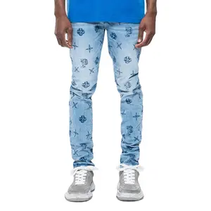 Jeans personnalisés pour hommes décrits monogramme Leggings pleine jambe imprimé bleu indigo quotidien pantalons décontractés tendance de la mode populaire pour les hommes