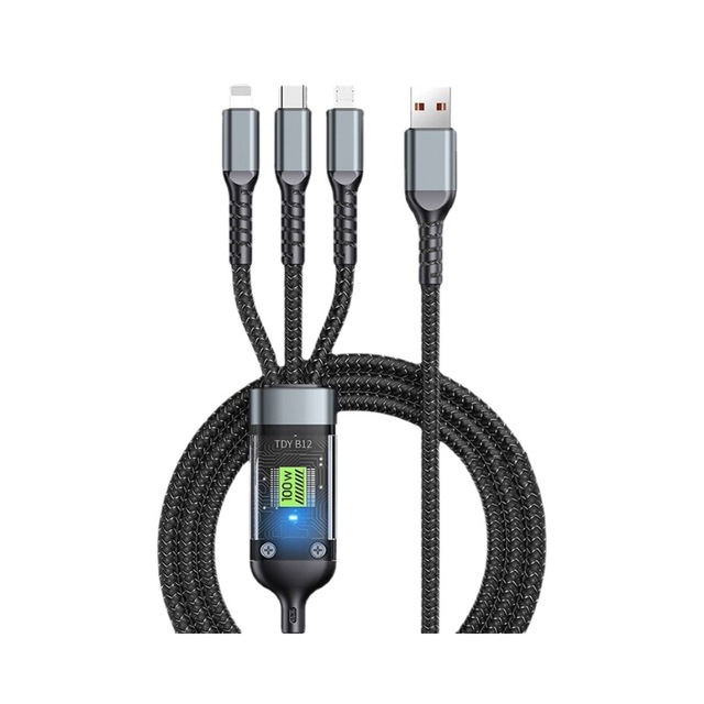 100W Super Fast Charging Three-in-One Charging Cable with Type-C Connector for for for Mobile Phones Indicator Light