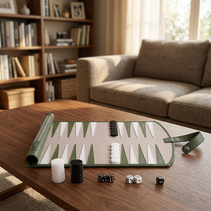 Juego de Backgammon Plegable y Ecológico de Cuero de MORGANS INDUSTRIES con Dados y Estuche de Transporte, Color Verde - Product Image 3