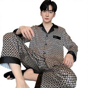 Pijamas para Hombre y Niño, Estilo Verano, Ropa de Casa para Papá, Patrón Geométrico, Primavera/Otoño, Finos, Imitación de Seda, Manga Larga, Nuevo Estilo 2024 - Product Image 1