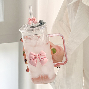 Double <b>Bow</b> Square Glass Water Cup With Handle Straw Office Tea Cup Party Use Microwave Safe - Product Image 1