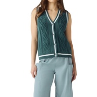 Gilet en tricot 100 % coton personnalisé, col en V, tricot torsadé, bordure contrastante, style preppy, tenues de campus, rassemblements décontractés, pull pour femme