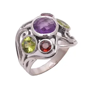 925 Sterling Silver Gemstone Ring, Natural Amethyst Peridot Garnet Gemstone Silver Jewelry Exporter, Antique Jewelry manufacture