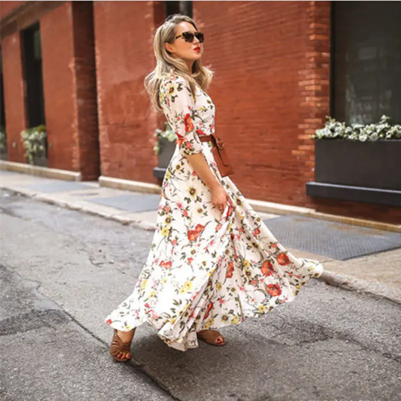 Vestido longo elegante com flor de chiffon estampado e alargamento para moda primavera 2024