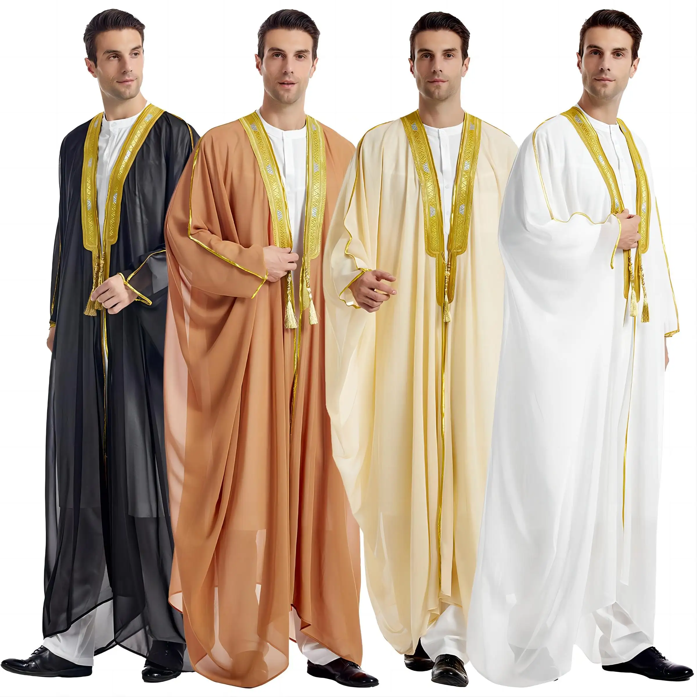 431 toptan islam müslüman Dubai erkekler şifon Bisht Abaya Eid arap Thobe erkek pelerin suudi müslüman erkek pelerin Pusht Robe
