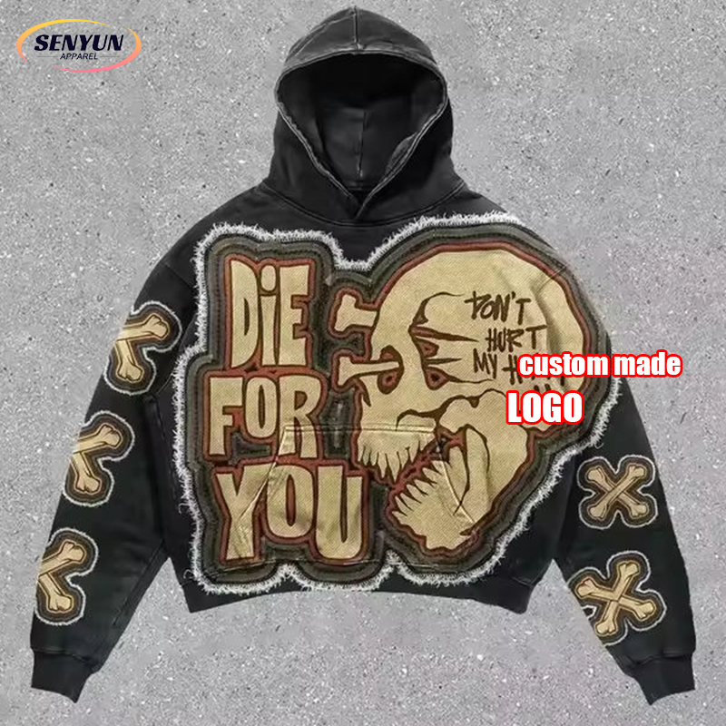 Wholesale Black Unisex Sublimation Boxy Sweatshirt Cotton Custom Logo Puff Printing Crewneck Embroidery Patch Acid Wash Hoodie