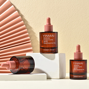 Flacon compte-gouttes en verre rouge-brun à fond épais pour huiles essentielles 30 ml, flacon cylindrique pour sérum 50 ml à épaule plate - Product Image 1