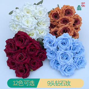 ดอกกุหลาบเพชรเก้าหัว ขนาด 48 ซม. ดอกไม้ผ้าไหมสำหรับตกแต่งงานแต่งงาน สีส้ม - Product Image 2