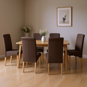 Set di 6 sedie da pranzo in tessuto marrone con gambe in legno, design ergonomico e moderno per l'arredamento della sala da pranzo di casa - Product Image 2