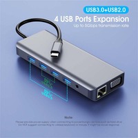 Superventas USB C a 12 en 1 estación de acoplamiento adaptador de ordenador portátil Dual HD 4K30HZ VGA PD lector de tarjetas todo en 1 USB C 3,0 HUB