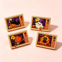 Pin Logam TV Retro Halloween Kustom, Pin Enamel Hantu Labu Kucing Lucu, Lencana Kerah untuk Dekorasi Ransel Pakaian, Hadiah