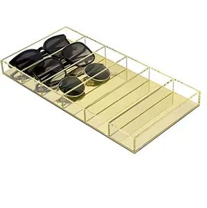 Porta óculos de tablet acrílico, 6 espaços, suporte para óculos de sol, bandeja com base espelhada e dourada
