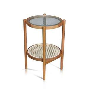 Contemporary Rattan Two-Tier <b>Side</b> <b>Table</b> - Artisanal Handcrafted Design with Tempered <b>Glass</b> Top, Minimalist Bedroom or Living - Product Image 1