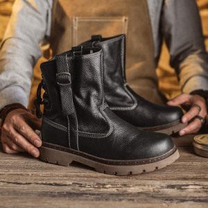 Botas de Hombre de Cuero Genuino Negro con Punta Redonda, Correa con Hebilla, Suela de Goma Antideslizante, Zapatos para Caminar para Todas las Temporadas - Product Image 1