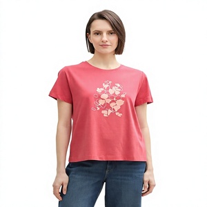 T-shirt en coton imprimé floral rose pour femme, col rond, manches courtes, haut décontracté d'été - Product Image 2