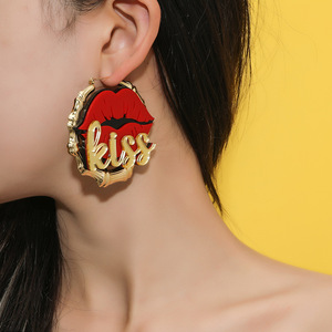 Pendientes <span class=keywords><strong>de</strong></span> <span class=keywords><strong>boca</strong></span> roja punk exagerados con personalidad, superventas, grandes y redondos, labios dorados <span class=keywords><strong>de</strong></span> bambú, pendientes <span class=keywords><strong>de</strong></span> beso, joyería - Product Image 2