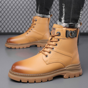 Martin <b>Boots</b> Men <b>Winter</b> Ankle High Leather Lace-up <b>Work</b> <b>Boots</b> Round Toe Rubber Sole Warm Cotton Lined Solid Style - Product Image 1