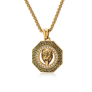 yunnique cross-border new hip-hop rhinestone Great Wall pattern lion head <b>titanium</b> steel necklace, personalized jew - Product Image 5