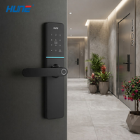 Serrure de porte intelligente FCC pour porte en bois à mortaise flexible avec poignée à double roulement, étanche IP65, gravure laser, revêtement nano et clavier.