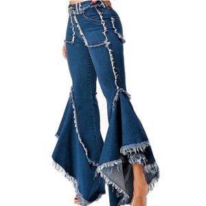 Pantalones vaqueros acampanados de tiro alto con dobladillo deshilachado para mujer, diseño personalizado - Product Image 2