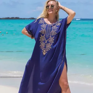 Source factory Spun rayon embroidered robe for holiday leisure beach bikini top dubai cover up kaftan dresses