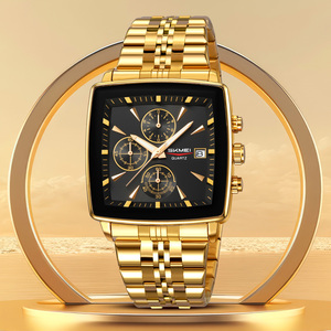 Montre chronographe carrée dorée pour homme SKMEI, montre-bracelet de luxe en acier inoxydable, cadran noir avec date, montre à quartz étanche 30M - Product Image 1