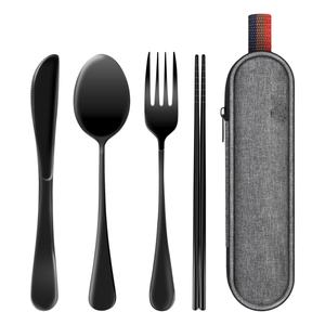 Ensemble de couverts de voyage et de camping portables 4 pièces, design moderne et écologique, en acier inoxydable poli miroir (couteau, fourchette, cuillère) - Product Image 1
