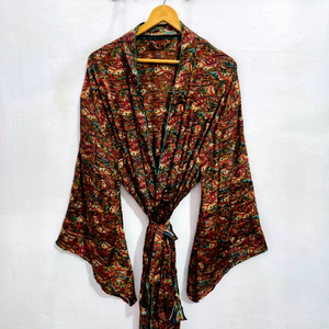 Robe en soie longue jusqu'aux chevilles, robe multicolores, robe de nuit, robe indienne vintage en soie recyclée, kimono en sari - Product Image 1