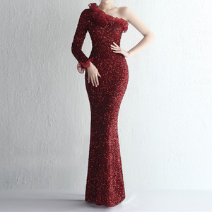 فستان سهرة نسائي أنيق بأكمام واحدة بطراز ساطع فستان حفلة عصري جديد مع خصر طبيعي للحفلات - Product Image 4